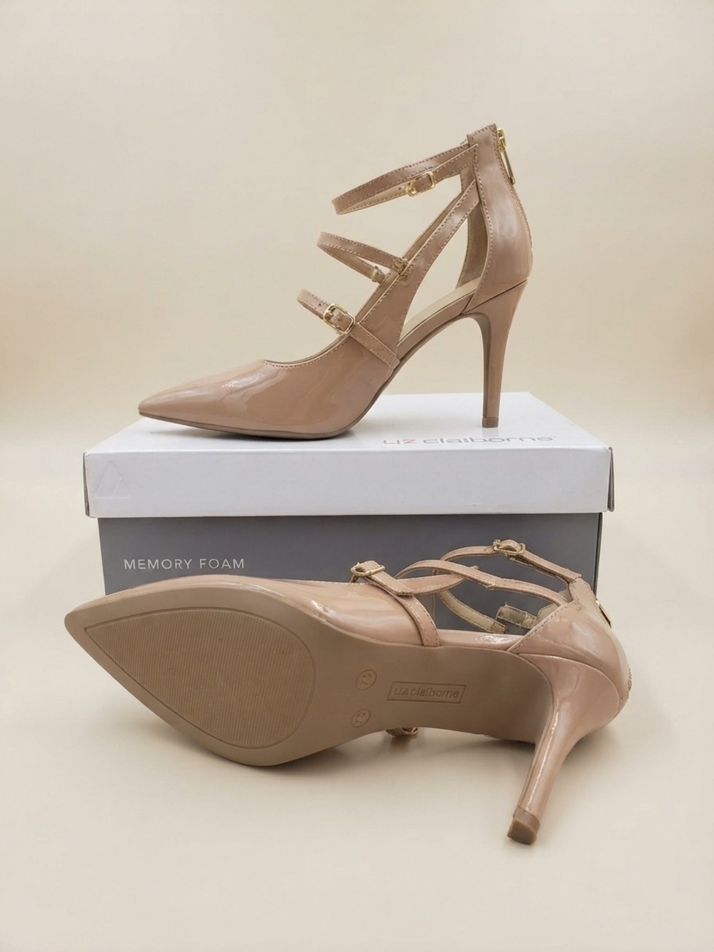 NIB Liz Claiborne Nude Patent Strappy Heel Pump 7.5